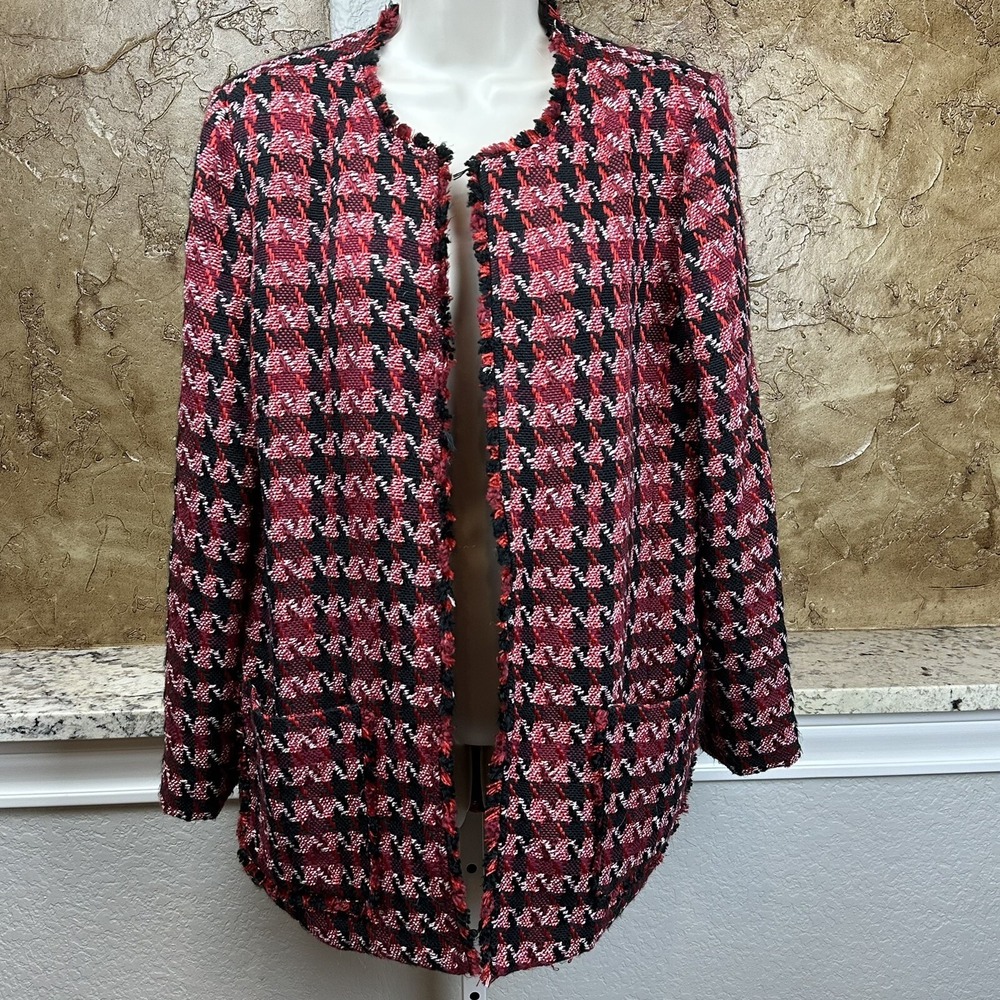 Chico's Size 3 (XL) Black White Red Woven‎ Jacket Fringed Women's Chicos